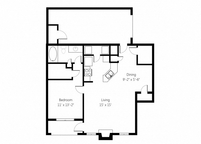 Floor plan for 1 bed, 1 bath, 768 sqft